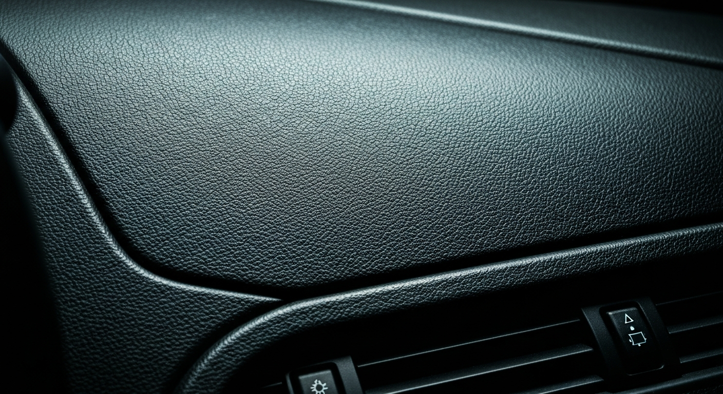 An extreme close-up of the pebbled leather surface of a car dashboard, captured in dramatic lighting that highlights the intricate texture and materiality of the automotive interior.