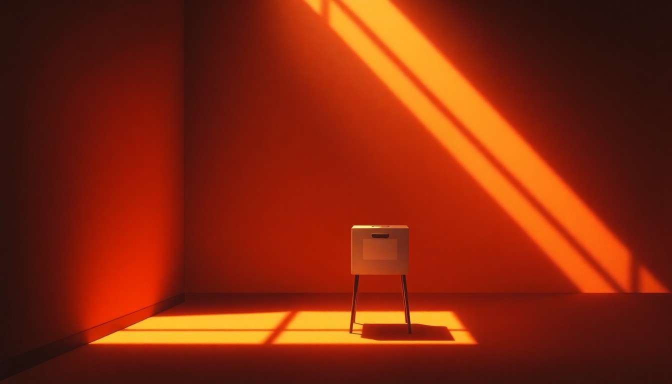 A serene, photorealistic painting of a lone voting booth or ballot box in a dimly lit room, with warm sunlight streaming in through a window and casting deep shadows across the scene, conveying a sense of the importance and gravity of the electoral process.