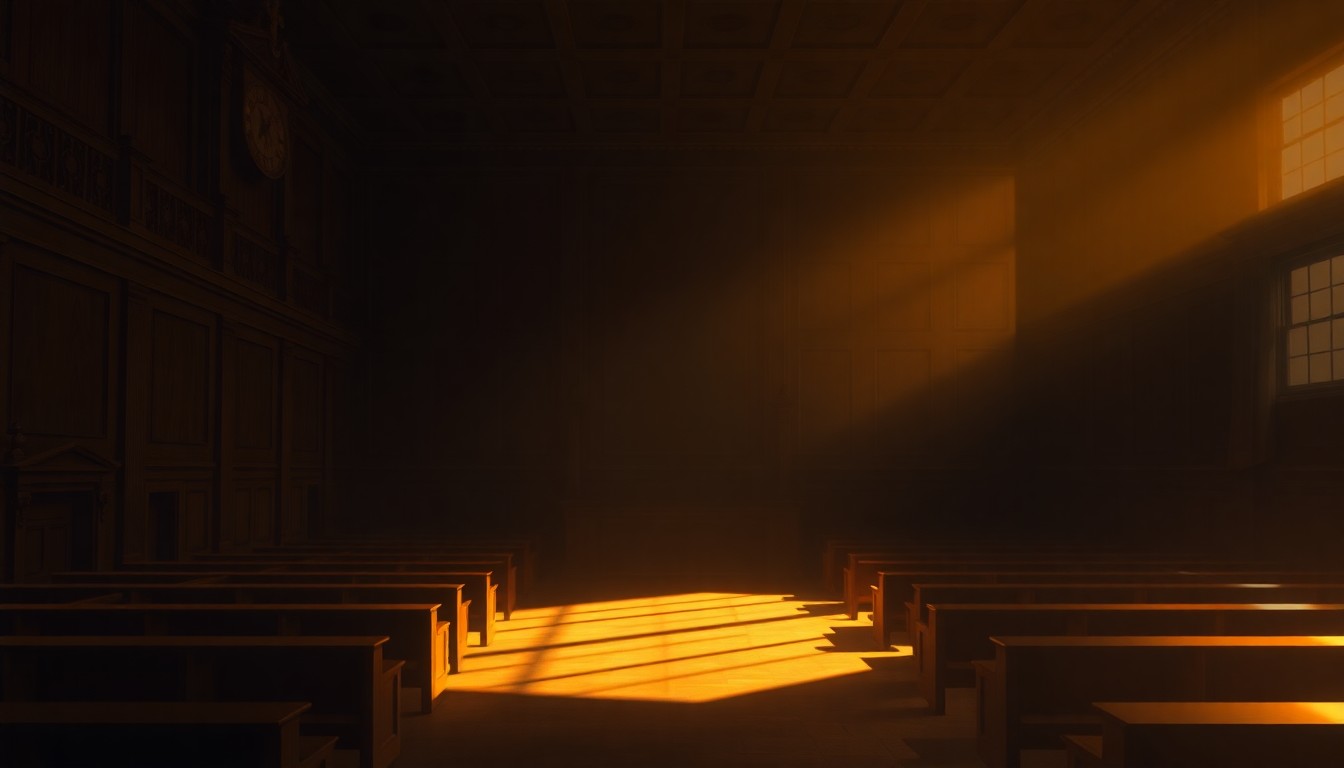A cinematic painting of an empty courtroom, with warm sunlight streaming in through the windows and deep shadows cast across the benches and podium, creating a somber, contemplative mood.