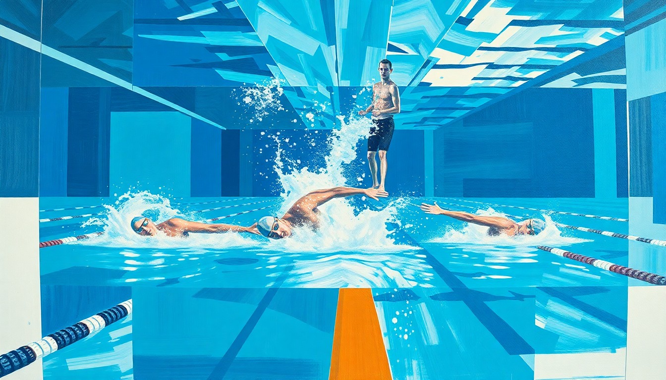 A fragmented, geometric painting depicting the fluid motion and competition of a high school swimming event, with sharp planes of deep blue, teal, and white conveying the dynamism of the sport.