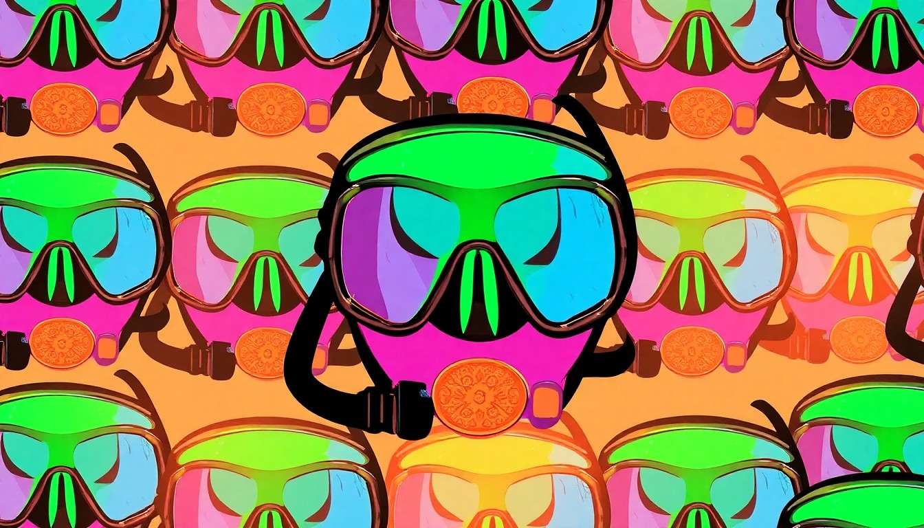 A brightly colored, high-contrast silkscreen print of a scuba diving mask repeated in a tight grid pattern, conceptually representing the iconic lifestyle of a professional diver.