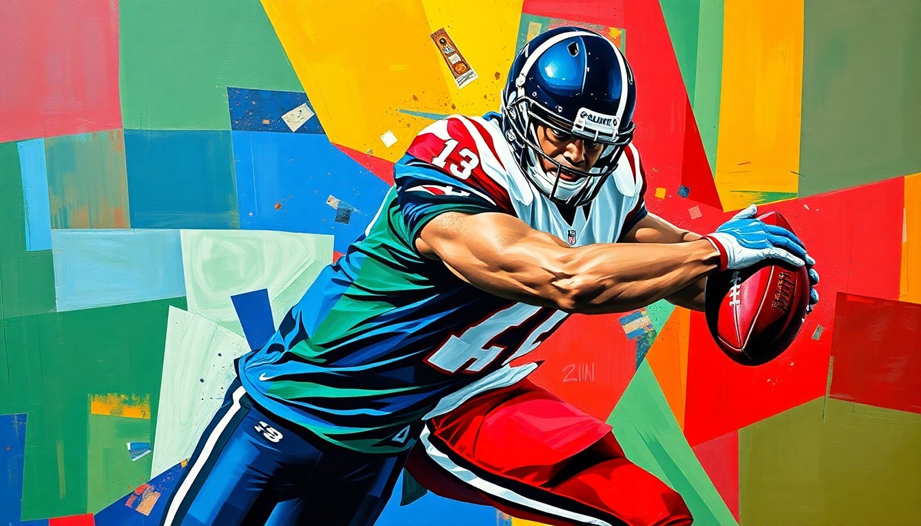 A fragmented, multi-angled painting depicting a cornerback leaping to intercept a pass, the player's form broken down into sharp, overlapping geometric shapes in a vibrant color palette.
