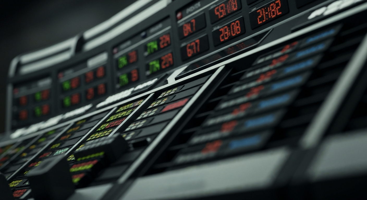 An extreme close-up of various financial machinery and equipment, such as stock tickers and trading terminals, conveying the heavy, tangible nature of the financial industry without using literal currency or charts.