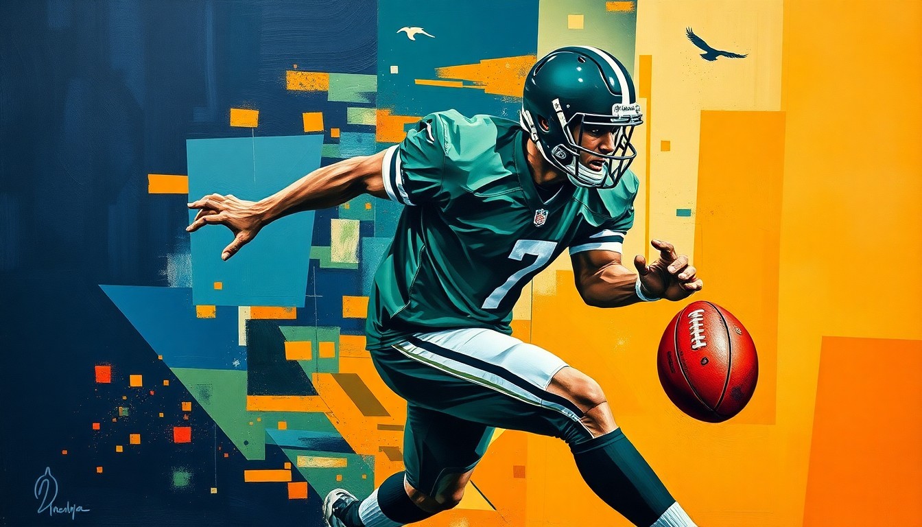 A fragmented, geometric painting depicting a football player in motion, with sharp planes of navy, green, and orange intersecting to create a dynamic, abstract representation of athletic energy and intensity.