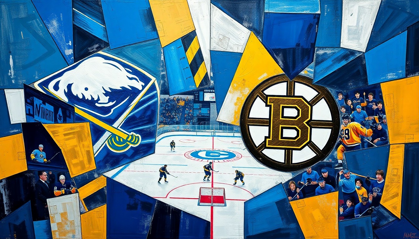 A cubist, geometric painting depicting a hockey game in motion, with sharp, overlapping planes of blue, gold, and white representing the teams' colors and the fast-paced action on the ice.
