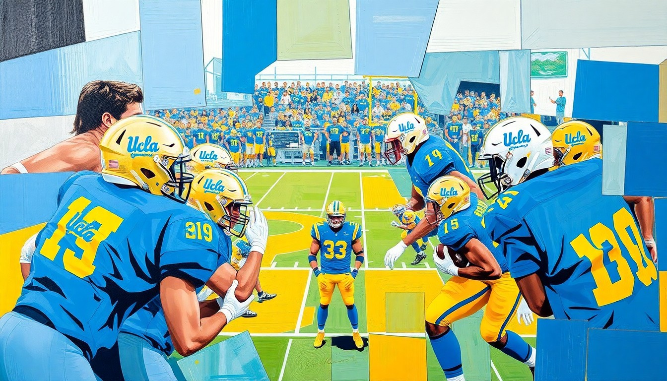 A cubist-style painting featuring fragmented, overlapping geometric shapes in the team's official colors, conceptually representing the renewed energy and spirit of the UCLA football program.