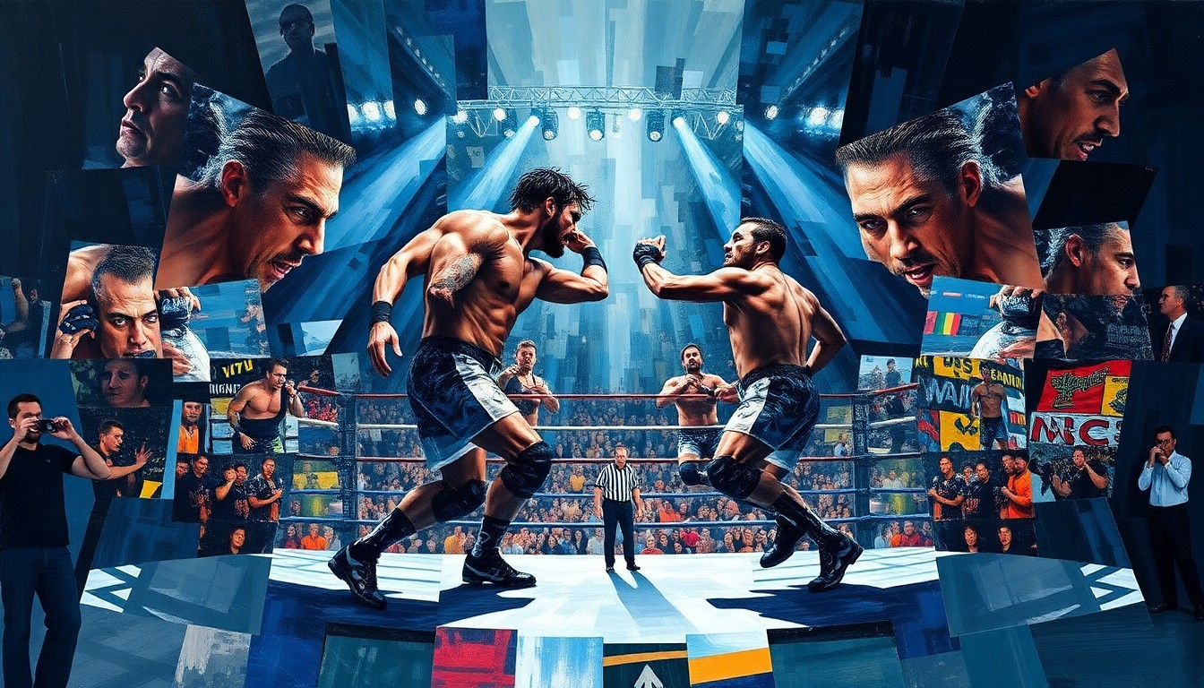 A fragmented, geometric painting depicting the final moments of a wrestling match, with sharp lines and planes representing the action and energy of the event.