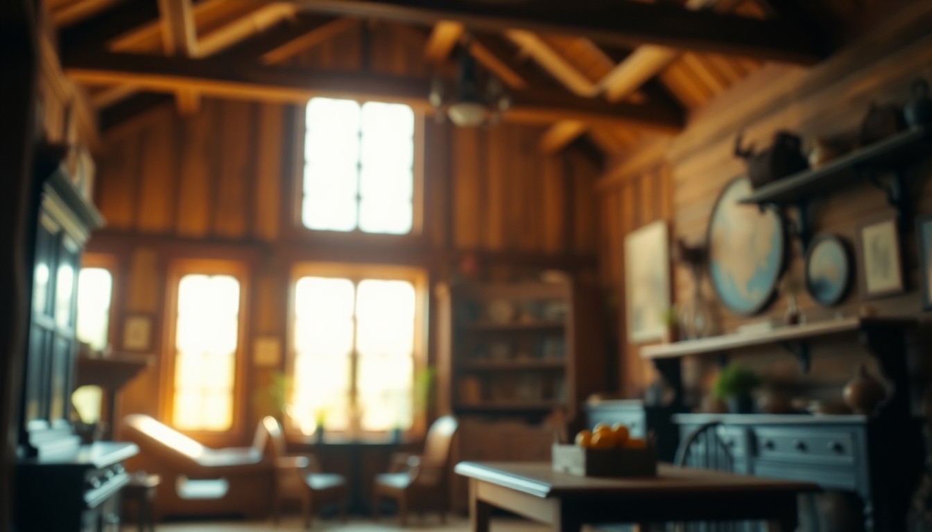 A softly blurred, intimate photograph in warm, earthy tones capturing the cozy atmosphere of a historic farmhouse interior, with sunlight filtering through tall windows and the faint outline of rustic furniture and decor.
