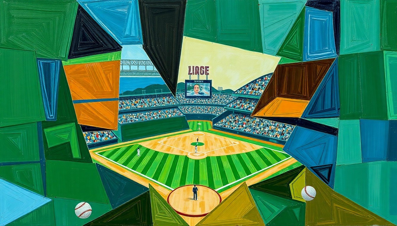 A cubist-style painting depicting a fragmented baseball game, with overlapping geometric shapes in shades of green, brown, and blue, conveying the chaotic nature of the Mets' recent struggles.