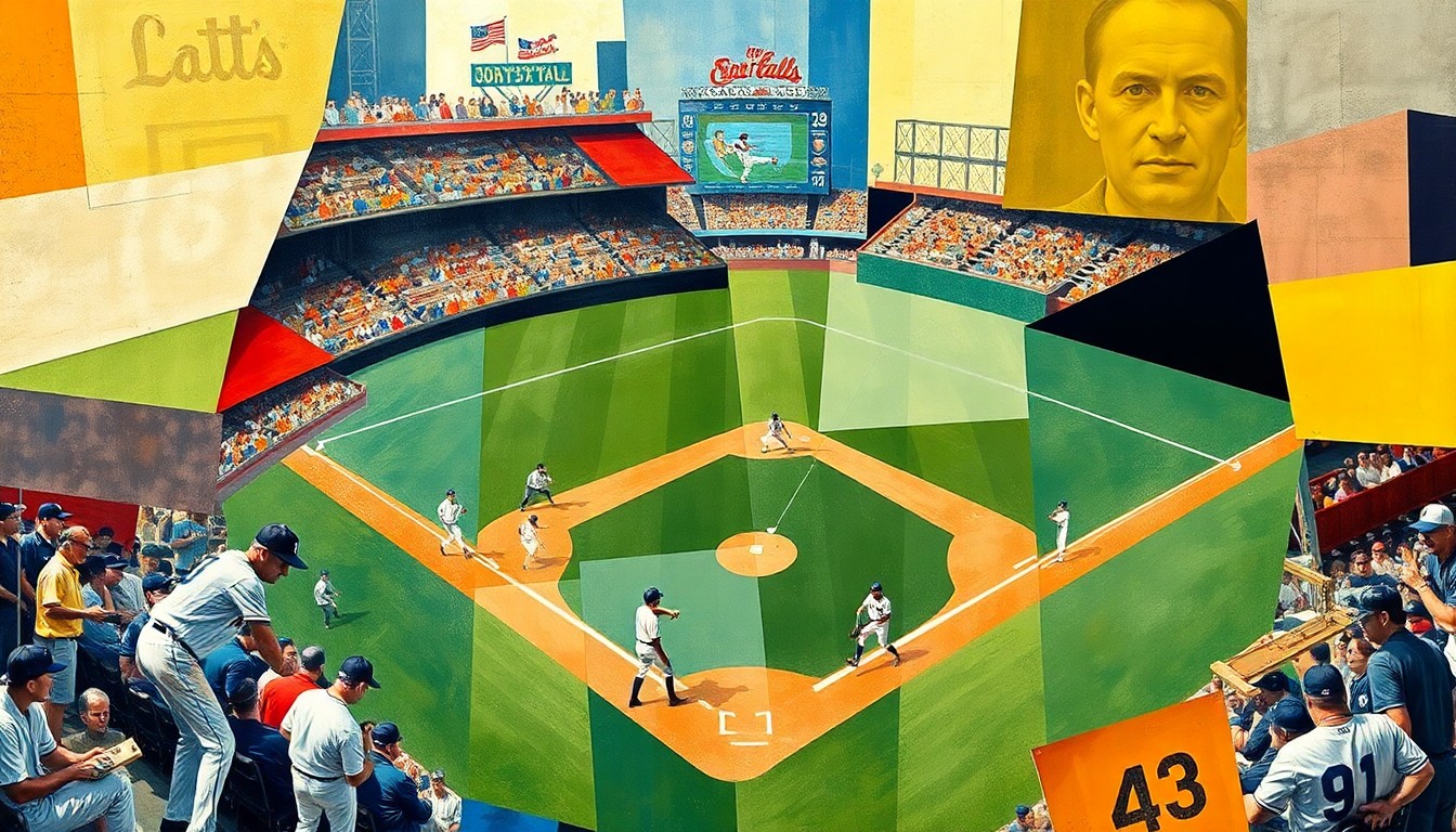 A cubist, geometric painting depicting a baseball game in progress, with players, umpires, and the field rendered in sharp, overlapping planes of color, conceptually representing the heated emotions and disputes that can occur on the diamond.
