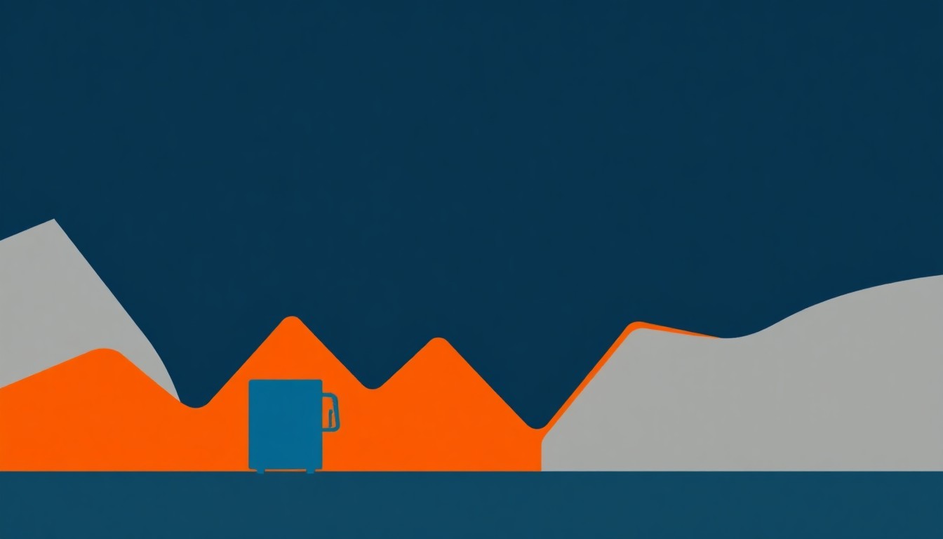 A geometric abstract illustration featuring overlapping triangles and rectangles in shades of blue, orange, and gray, conceptually representing the volatility of gas prices and the impact of global events on the energy market.