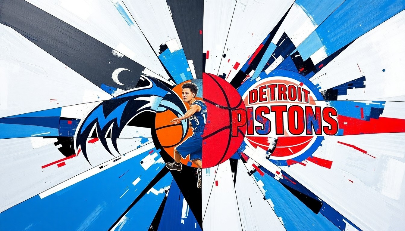 A cubist, geometric painting depicting a basketball game between the Orlando Magic and Detroit Pistons, with the players and court fragmented into overlapping planes of vibrant blue, red, and white colors.