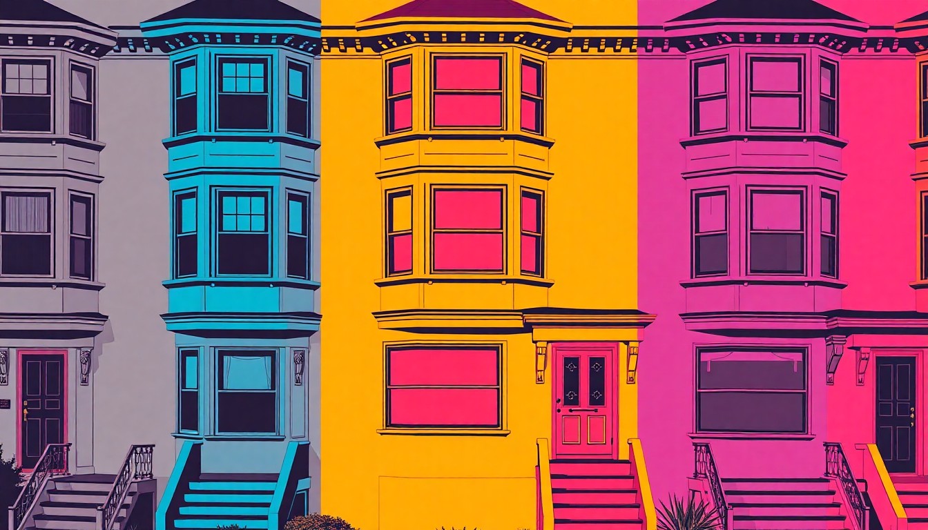 A brightly colored, high-contrast silkscreen print of a San Francisco home's iconic bay window and roofline, repeated in a tight grid pattern to transform the everyday residential architecture into modern pop art.