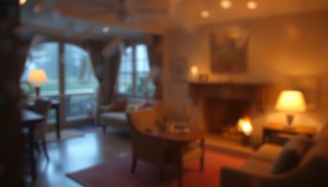 An extremely blurred, out-of-focus photograph in warm tones, depicting the soft, hazy outline of a fireplace and furniture in a cozy interior space, conceptually representing the comfortable and inviting atmosphere of the rental home.