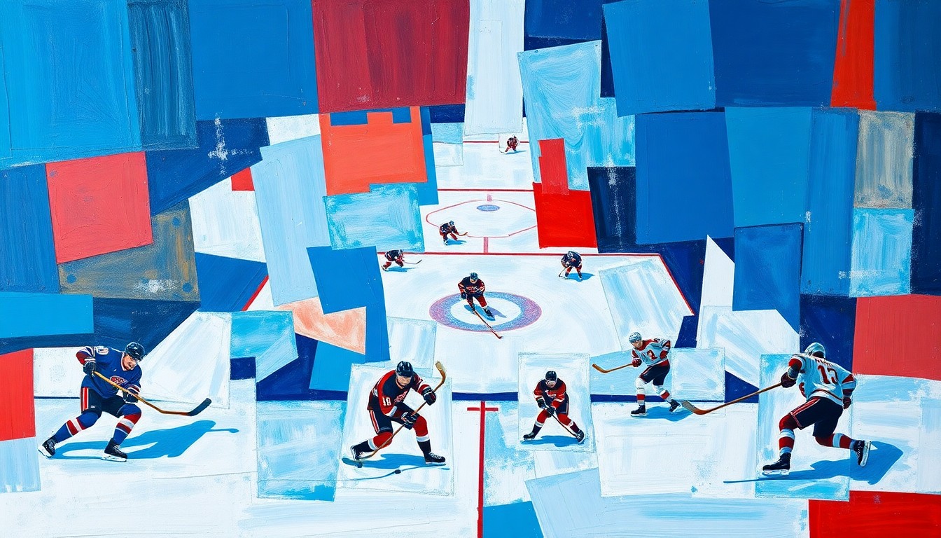A cubist, geometric painting depicting a hockey game in motion, with overlapping planes of ice, sticks, and players in a dynamic, fractured composition using bold blues, reds, and whites to capture the intensity of the playoff matchup.