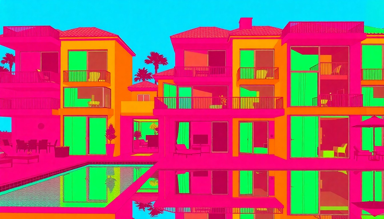 A brightly colored, high-contrast silkscreen print of a luxury outdoor patio with a swimming pool, repeated in a tight grid pattern in vibrant neon hues, conceptually representing the lavish amenities of this Argyle estate.