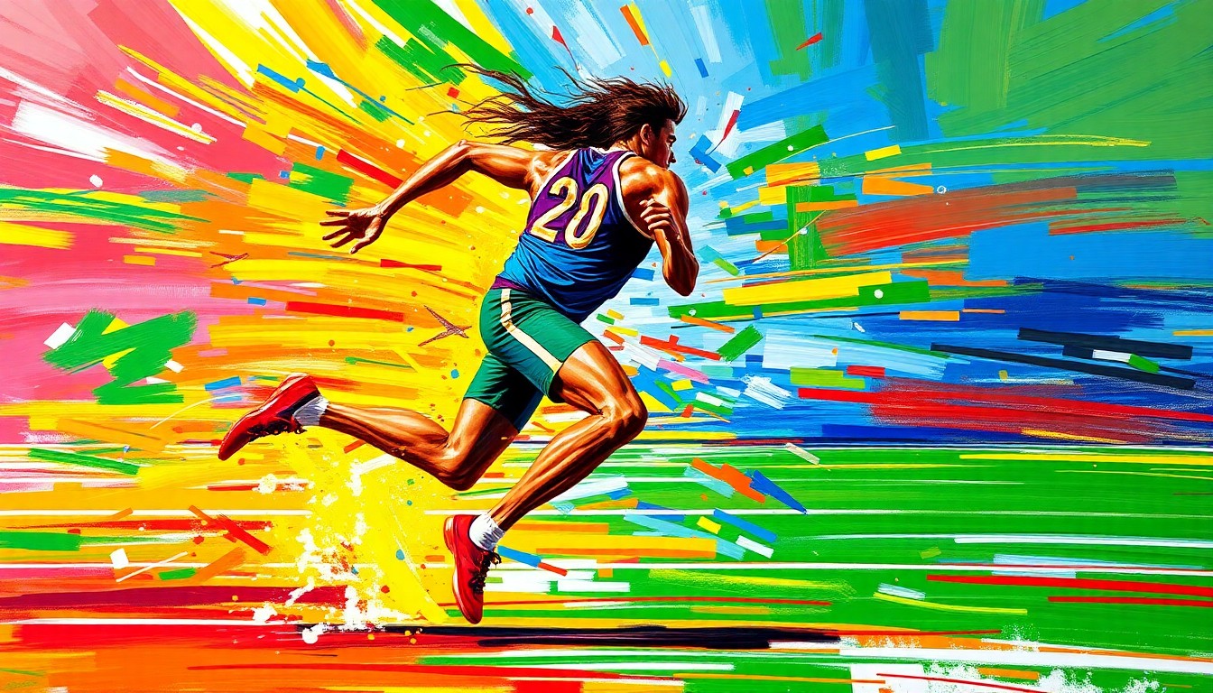 An abstract, energetic painting in vivid neon colors that evokes the intense motion and athleticism of a high school track and field competition.