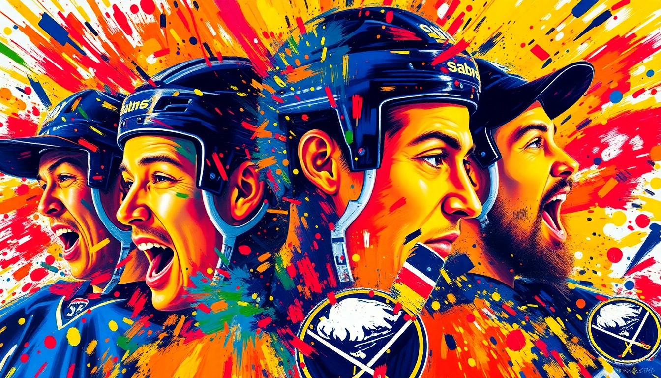 An extreme close-up of a hockey puck surrounded by a swirling, abstract expressionist painting of vibrant neon brushstrokes in shades of blue, red, and yellow, conceptually representing the raw emotion and intensity of a dramatic playoff hockey game.