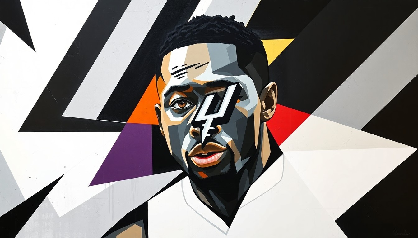 A cubist, geometric painting depicting Victor Wembanyama's basketball movements and plays in an abstract, fragmented style, using the Spurs' team colors to convey the energy and teamwork of his standout performance.