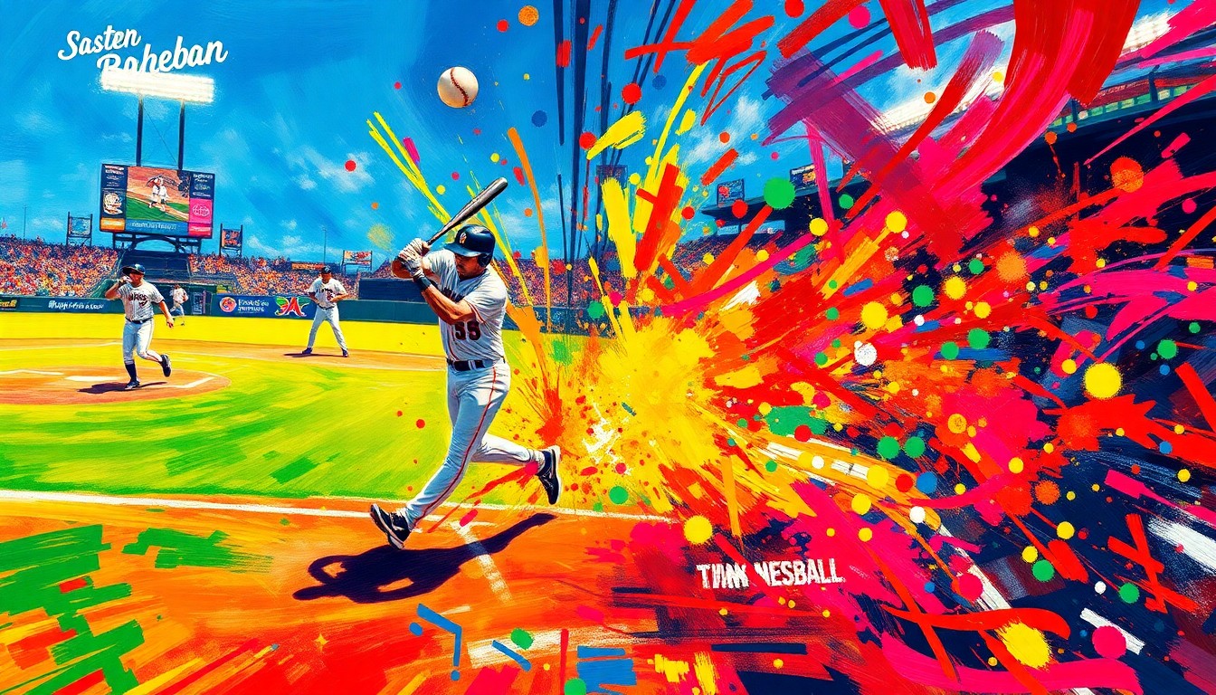 An abstract, energetic painting featuring vibrant brushstrokes and neon colors that capture the fast-paced, high-intensity action of a baseball game, with players and the ball blending into a visually striking, impressionistic scene.