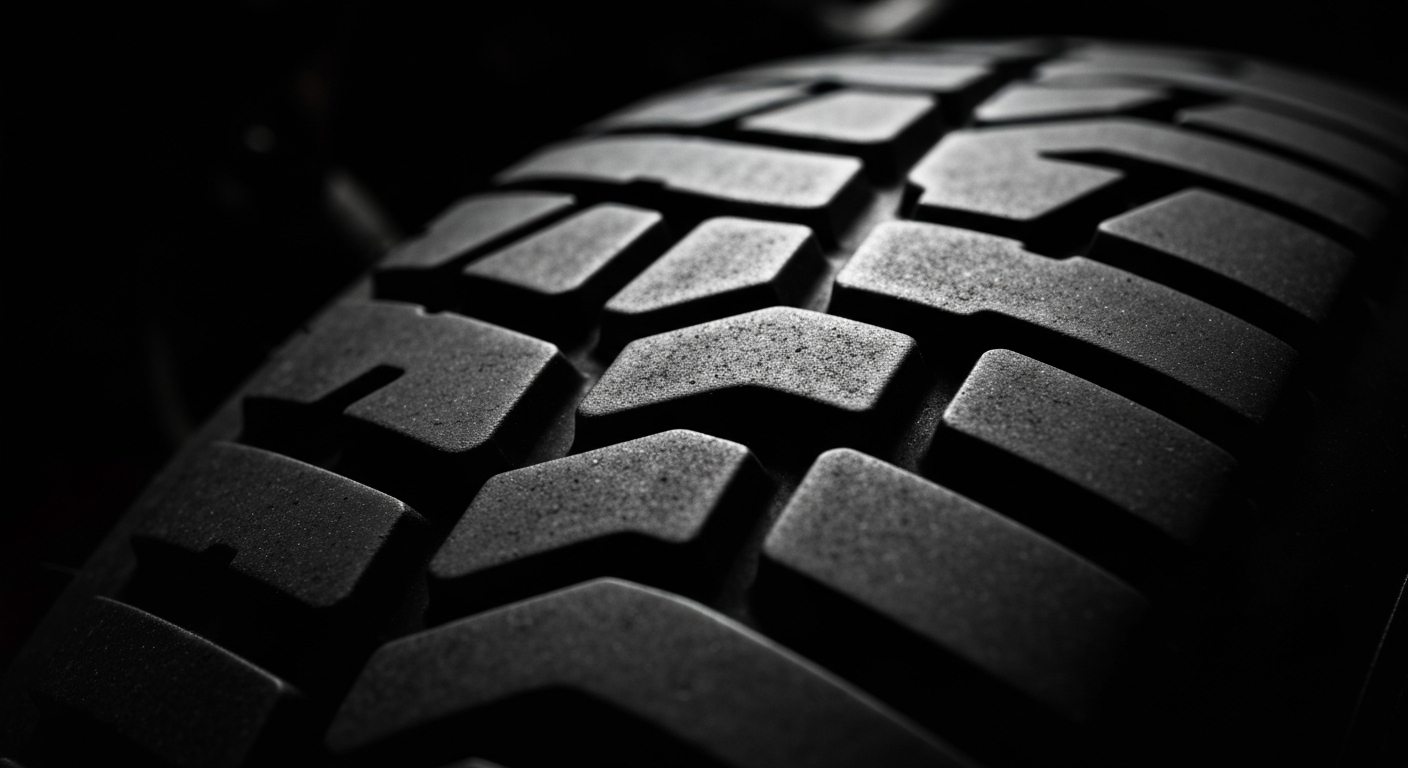 An extreme close-up of the pebbled, textured surface of an automotive part, such as a tire tread or engine component, captured in high contrast and dramatic lighting to convey the evolving nature of the auto repair industry.