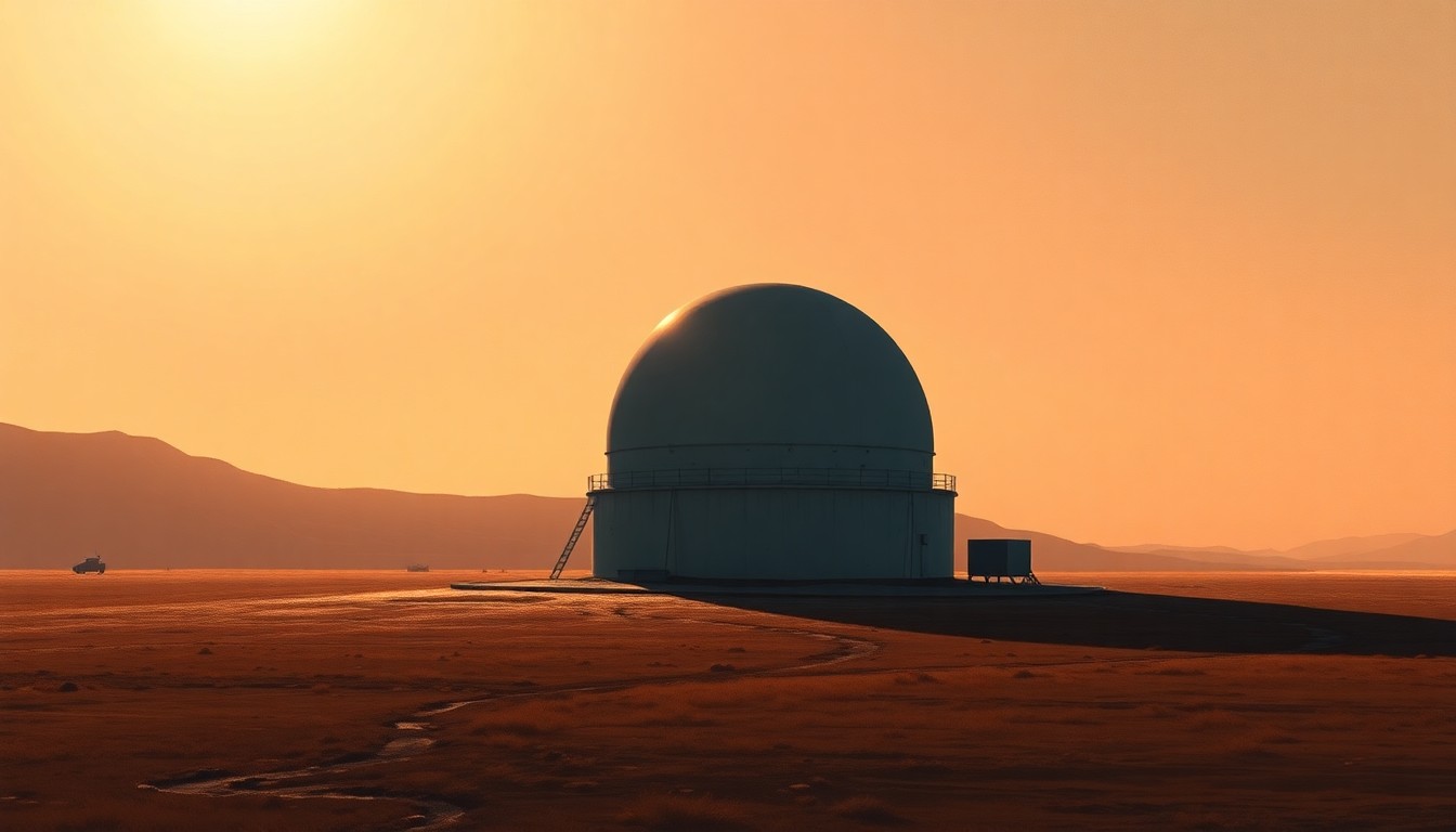 A serene, cinematic painting of a solitary radar dome or satellite dish on a remote Arctic landscape, with warm sunlight casting deep shadows across the scene, conveying the strategic importance and environmental isolation of this critical defense asset.