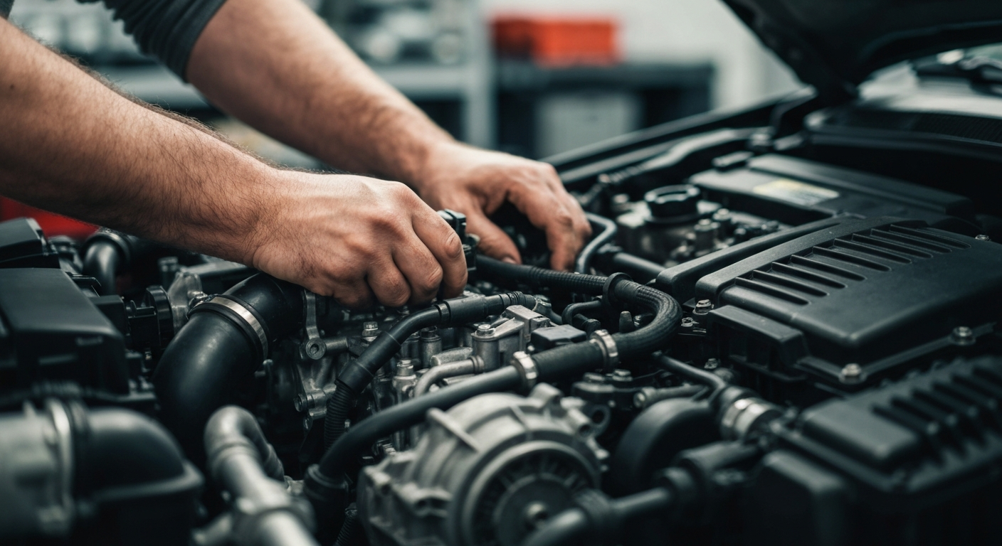 An extreme close-up of a mechanic's hands working on the complex components of a modern hybrid vehicle engine, representing the technical expertise and adaptability of Yuba City's auto repair industry.