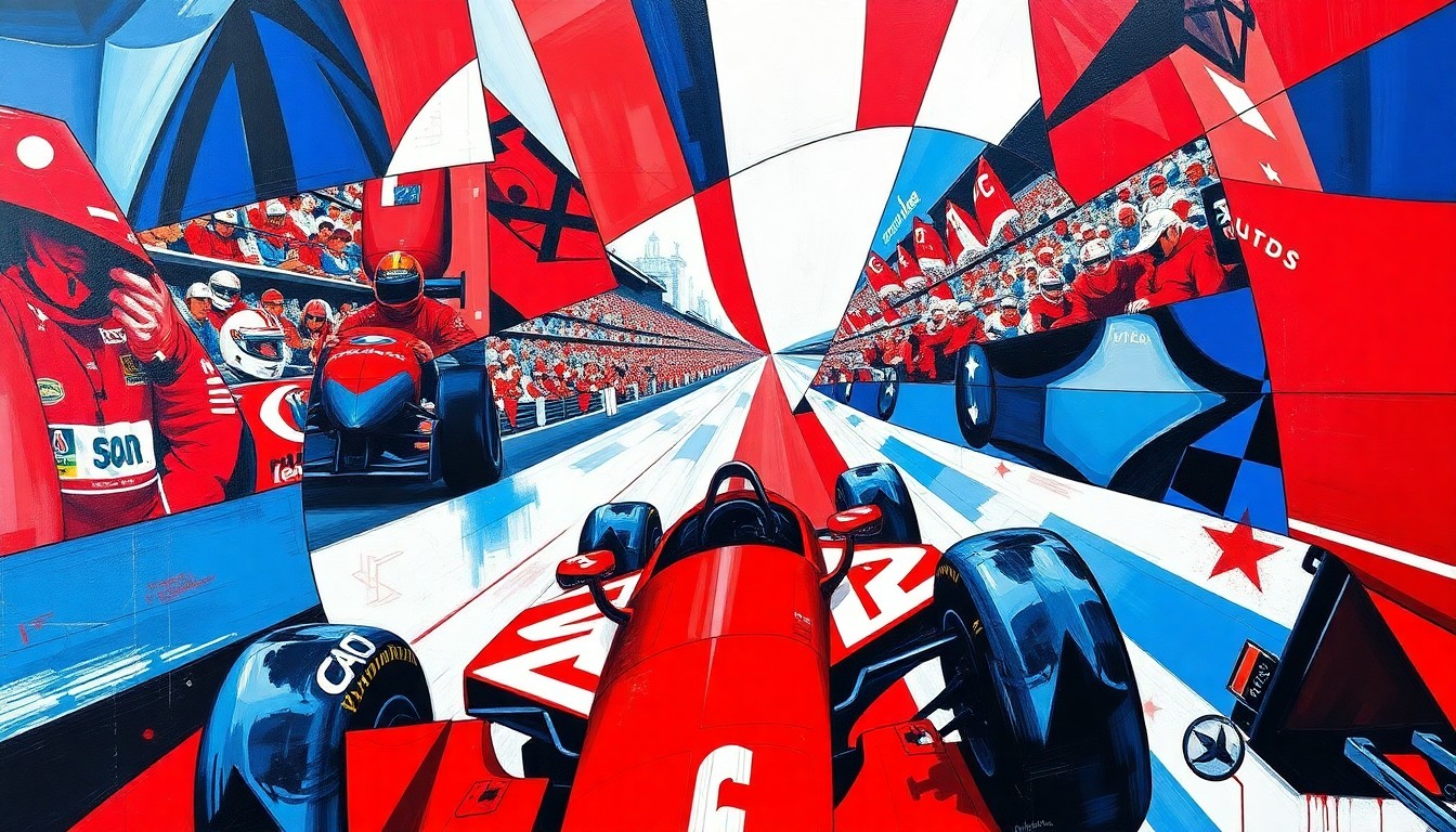 A cubist, geometric painting depicting the Indianapolis 500 race broken down into overlapping planes of color, capturing the energy and excitement of the iconic event.