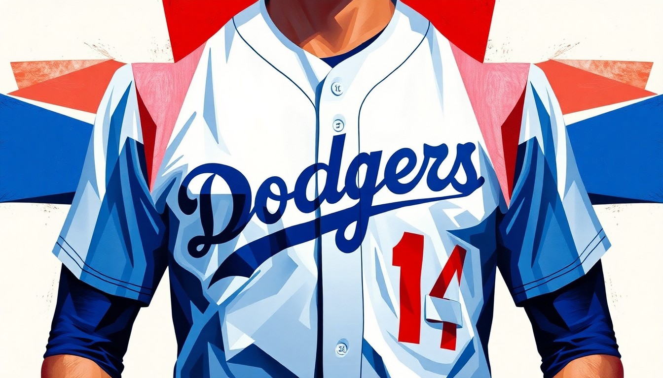 A cubist, geometric painting depicting a baseball jersey in shades of blue, white, and red, with the design broken down into sharp, overlapping planes, capturing the dynamic energy and global appeal of the Ohtani Dodgers jersey.