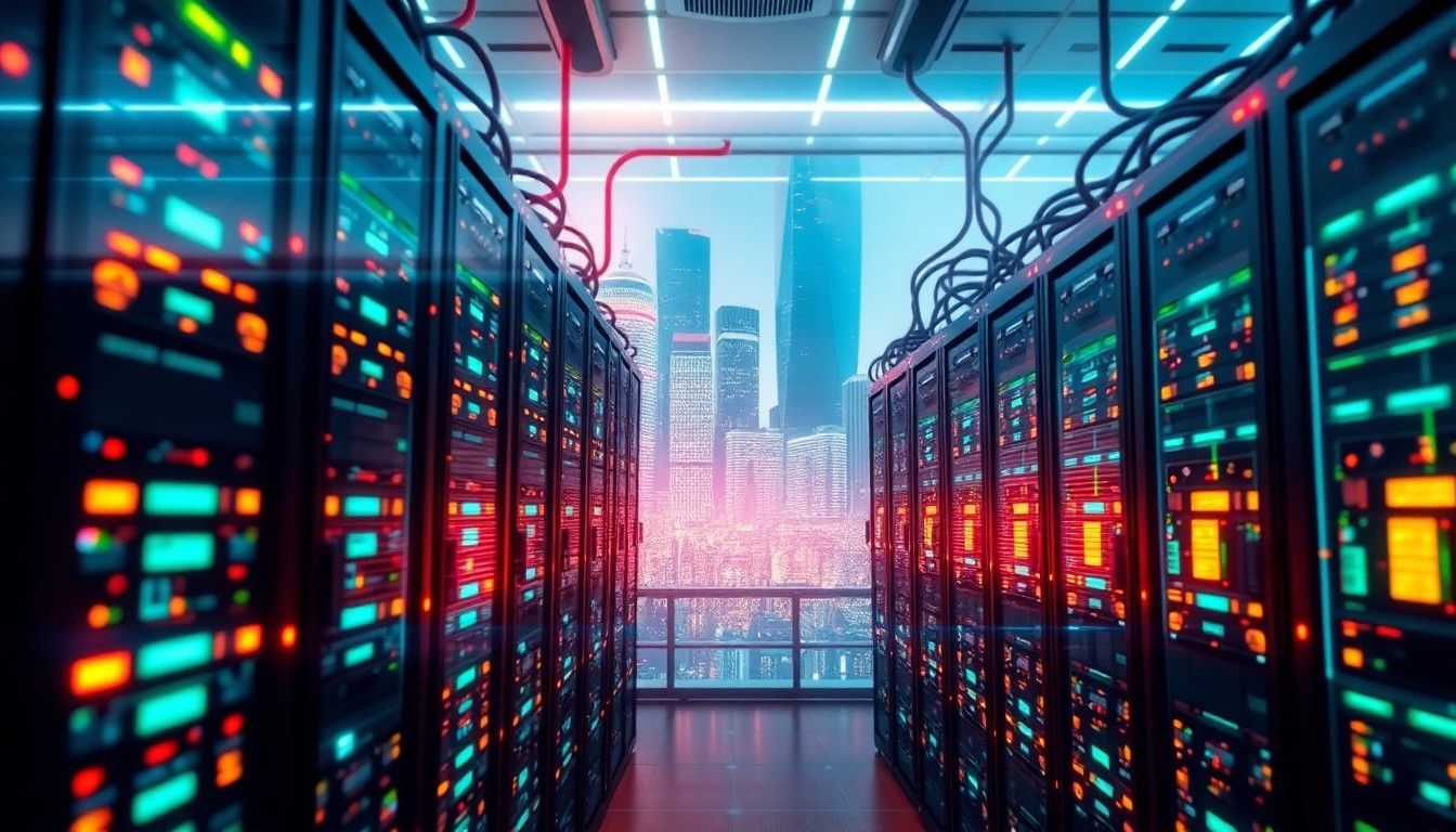A highly detailed 3D illustration of a glowing, neon-lit data center with towering server racks, pulsing cables, and a holographic cityscape in the background, conceptually representing the scale and complexity of modern web infrastructure and the social tensions surrounding its growth.