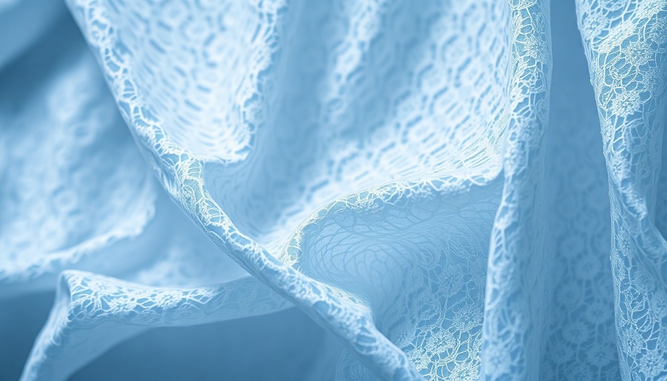 An extreme close-up photograph of a soft, lace-like hospital gown fabric in muted blue and grey tones, conveying the delicate nature of illness and recovery.
