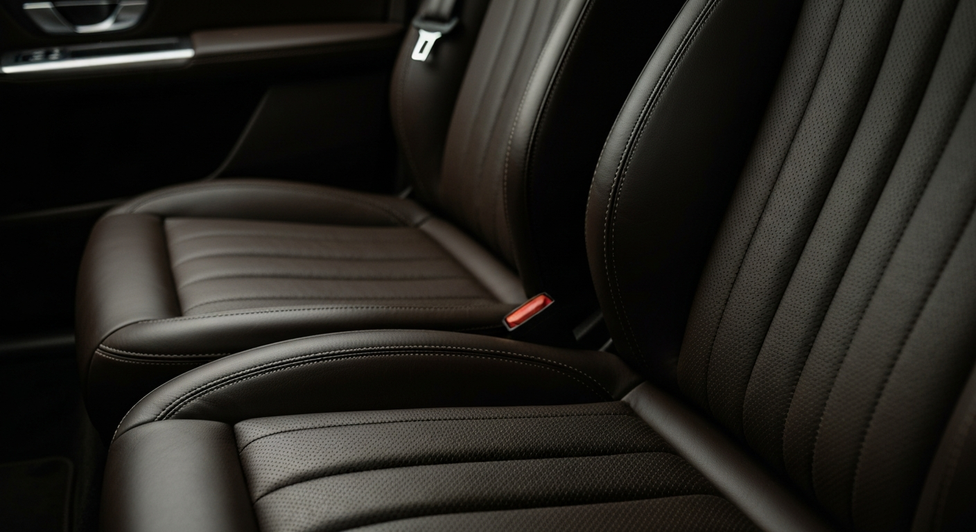 An extreme close-up photograph of the pebbled leather interior of the Peugeot 3008 Convertible, showcasing the rich textures and attention to detail in the vehicle's design.