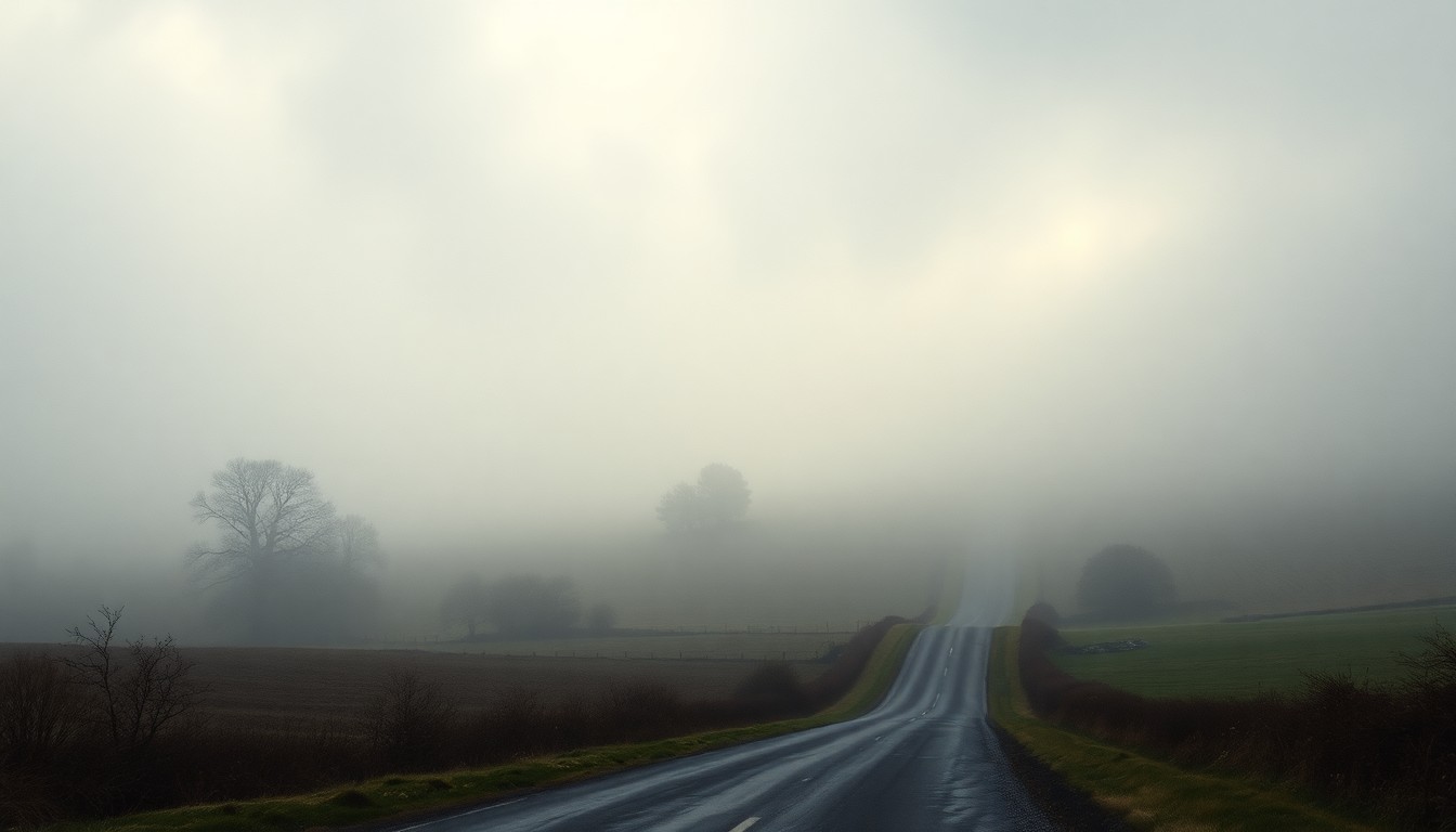 A sweeping, atmospheric landscape painting in muted tones, with a winding road obscured by fog and dramatic lighting, conveying the evolving nature of transportation in England.