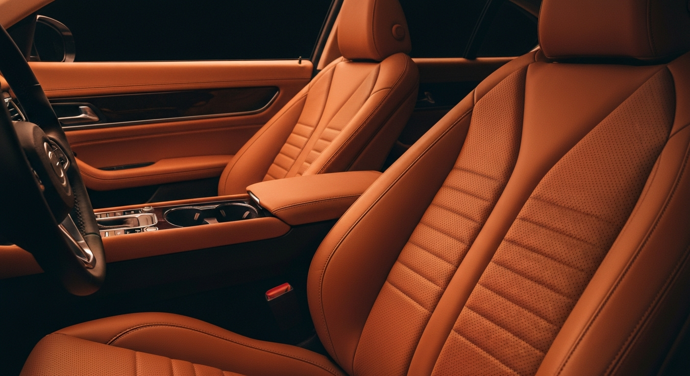 An extreme close-up of the pebbled leather interior of a luxury car, capturing the intricate texture and quality of the materials in dramatic lighting.