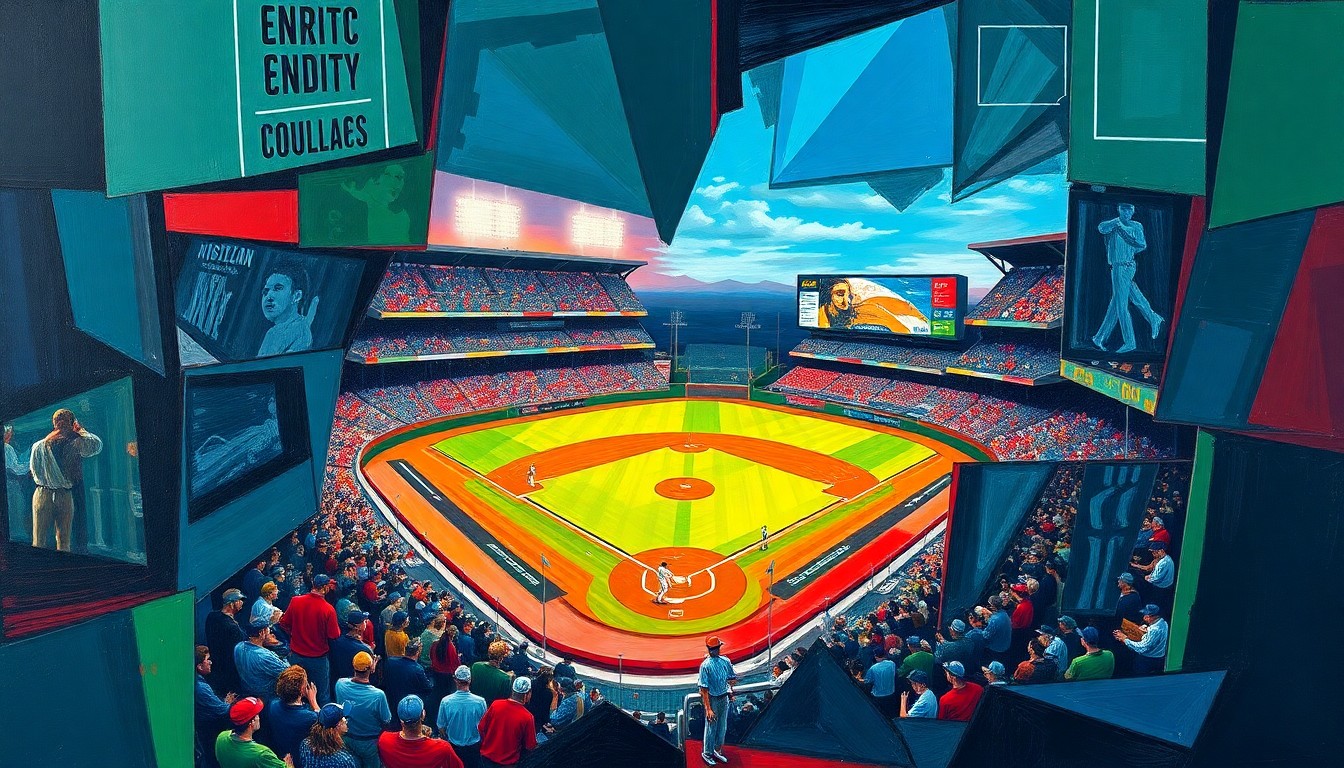 A fragmented, geometric painting depicting a baseball game, with sharp, overlapping planes of color representing the dynamic action on the field.