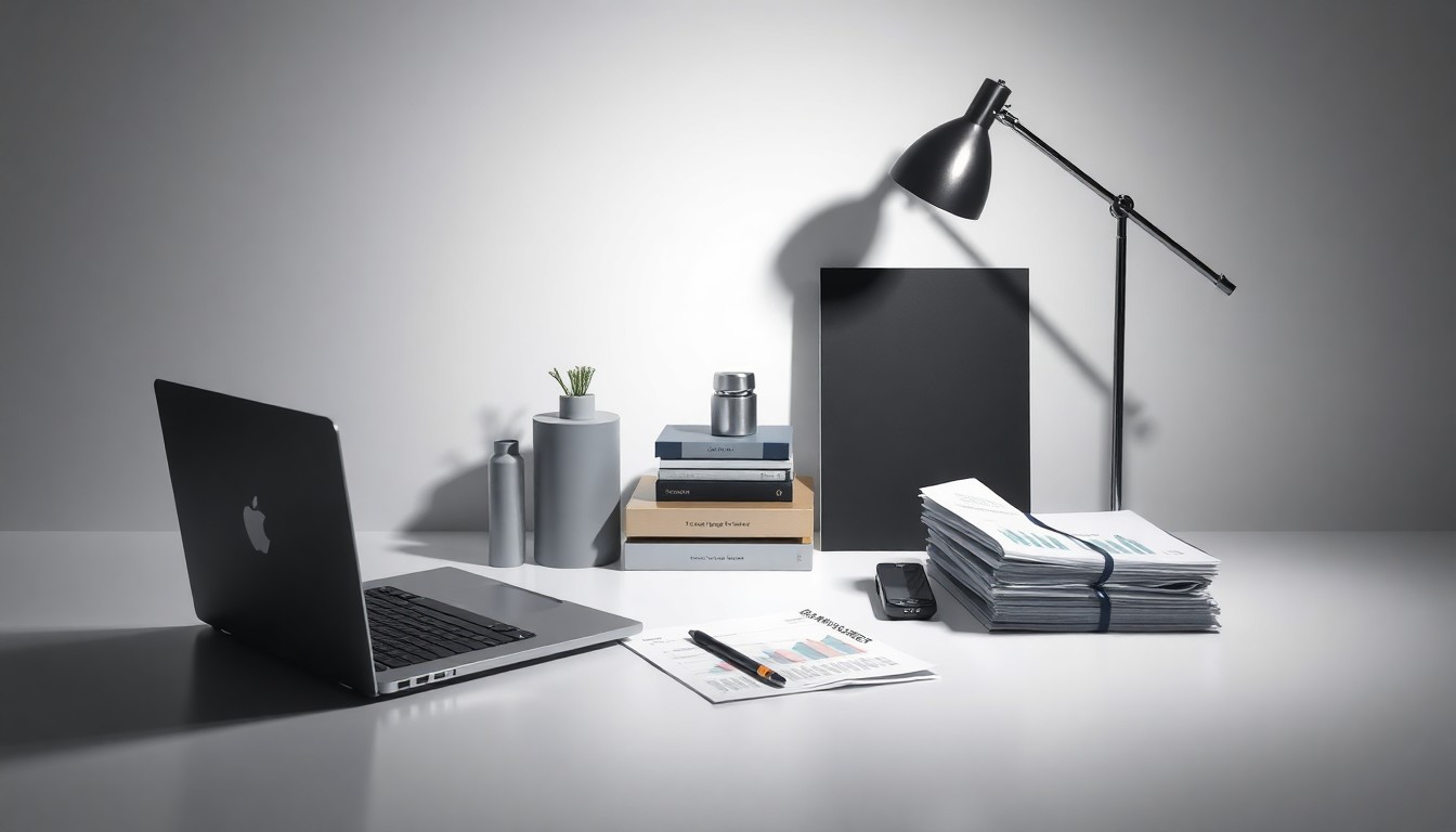 A photorealistic studio still life featuring a collection of premium business objects, including a sleek laptop, a modern desk lamp, and financial documents, arranged elegantly on a clean, monochromatic background to conceptually represent the abstract concepts of strategy, finance, and market trends.
