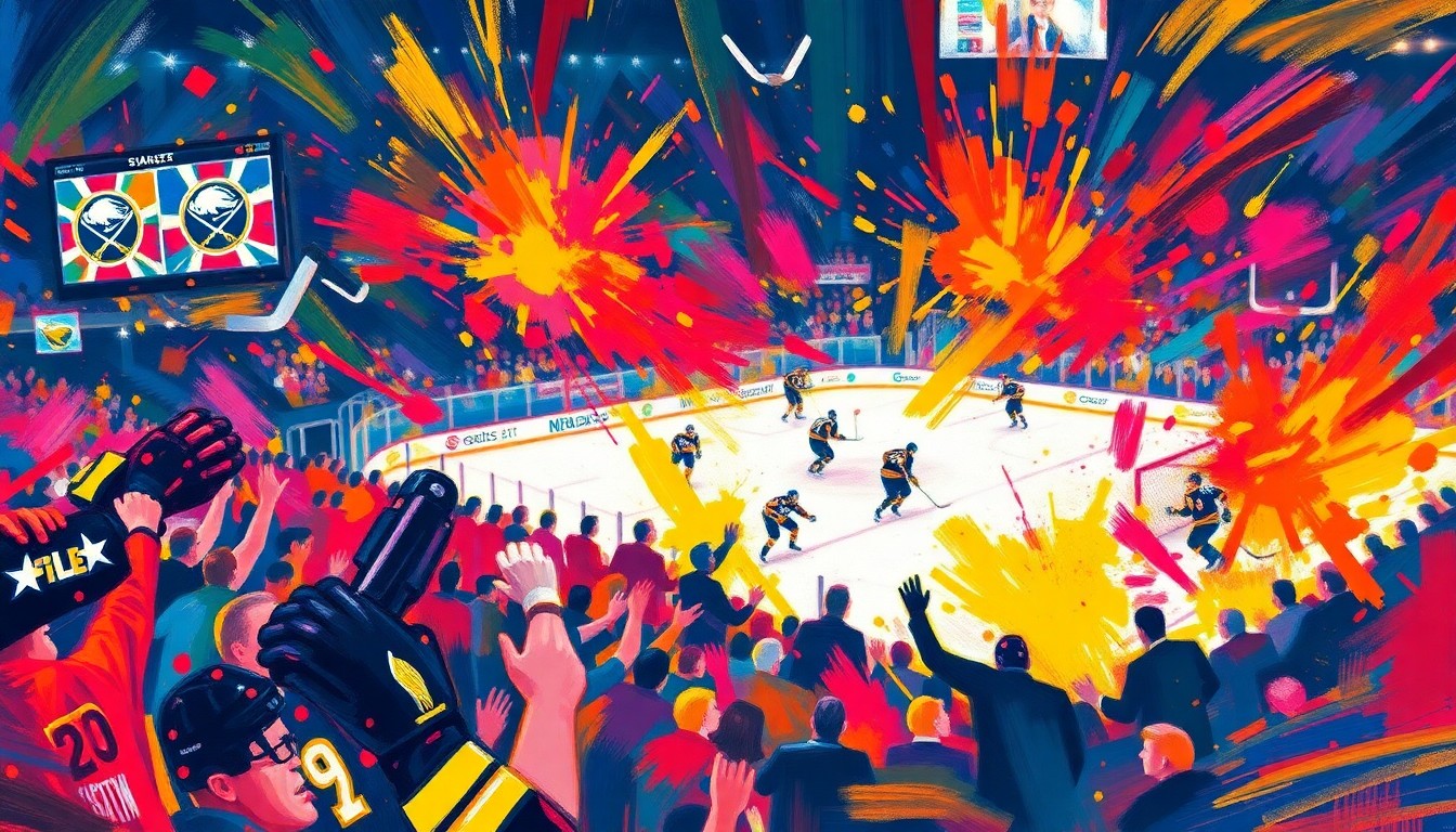 A highly textured, energetic painting in neon blues, greens, and reds, capturing the raw emotion and movement of a Sabres hockey game, with the crowd and players blending together in an abstract expressionist style.
