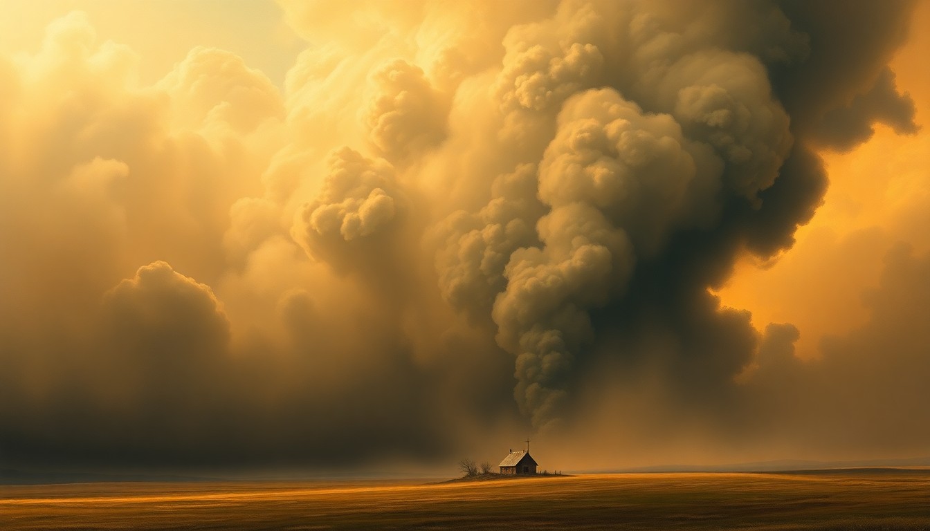 A vast, atmospheric landscape painting with a hazy, smoke-filled sky and a small, isolated structure in the distance, conveying the overwhelming power of nature and the threat of wildfire.