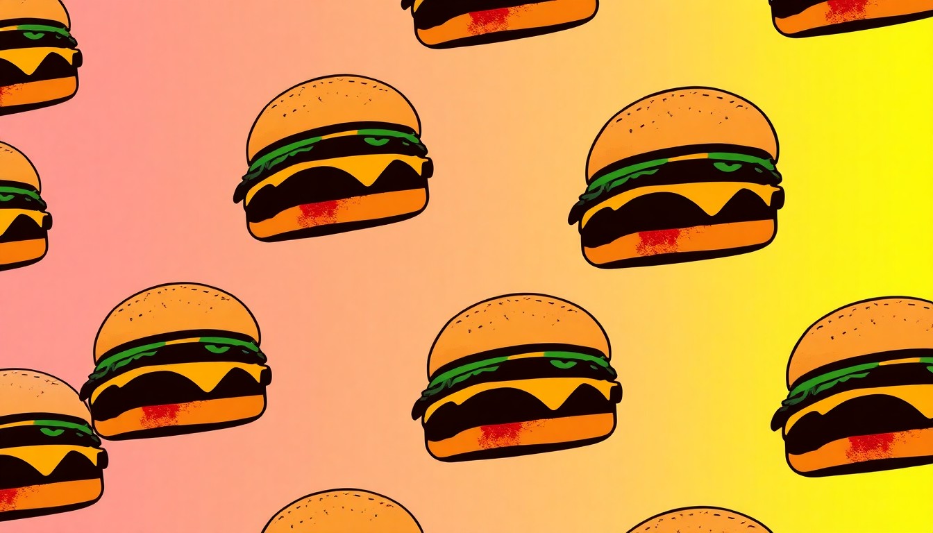 A high-contrast, silkscreen-style illustration featuring a single, iconic burger icon repeated in a tight grid pattern, rendered in a bold, neon color palette that transforms the everyday into modern pop art.