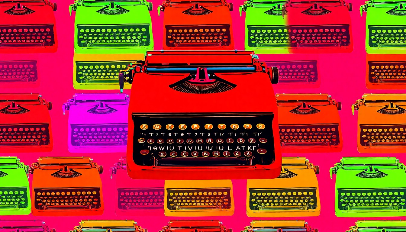 A brightly colored, high-contrast silkscreen print of a vintage typewriter repeated in a tight grid pattern, capturing the vibrant and playful spirit of the Collingwood Flea Market.