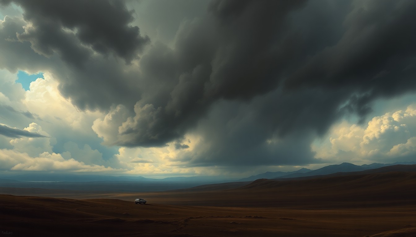A sweeping, atmospheric landscape painting in muted tones of gray, blue, and green, with a dramatic, stormy sky dominating the scene. A small, indistinct structure or vehicle is barely visible in the distance, dwarfed by the overwhelming power of the natural elements.