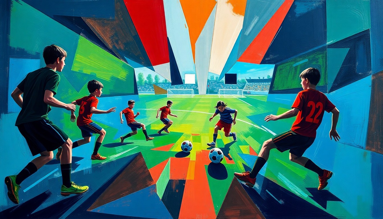 A cubist, geometric painting depicting a high-energy boys soccer match, with the players and ball represented through sharp, overlapping shapes in a vibrant color scheme, capturing the intensity and determination of the game.