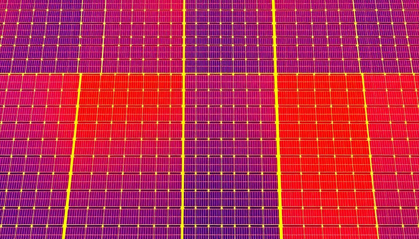 A bold, colorful silkscreen-style illustration featuring a repeated pattern of a single solar panel in bright neon shades, conveying the church's embrace of renewable energy technology.