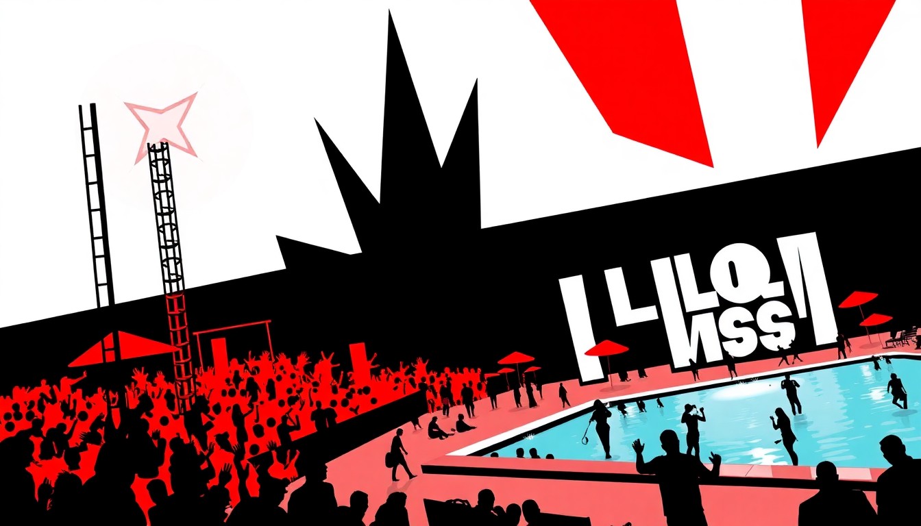 A dynamic, abstract illustration featuring bold, angular shapes in black, white, and red, conveying the energy and excitement of a country music concert and pool party in Las Vegas.