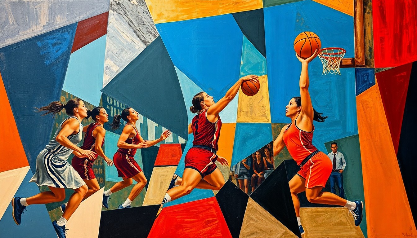 A fractured, multi-perspective painting in a cubist style, breaking down a women's basketball game into sharp, overlapping geometric planes of deep blues, vibrant reds, and earthy browns, with the players' forms abstracted into angular, interlocking shapes.