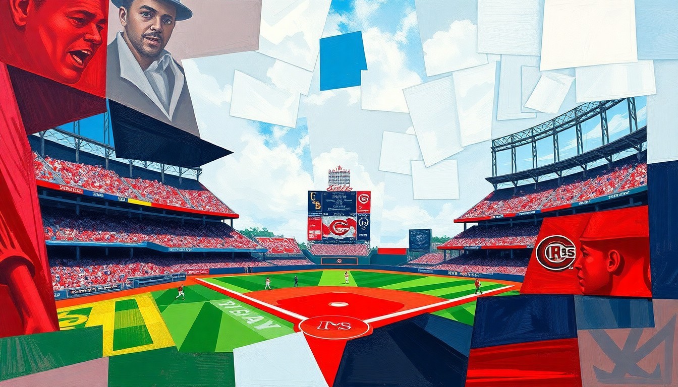 A cubist, geometric painting depicting a baseball game between the Cincinnati Reds and Tampa Bay Rays, with sharp, overlapping planes of red and navy blue representing the players and action on the field.