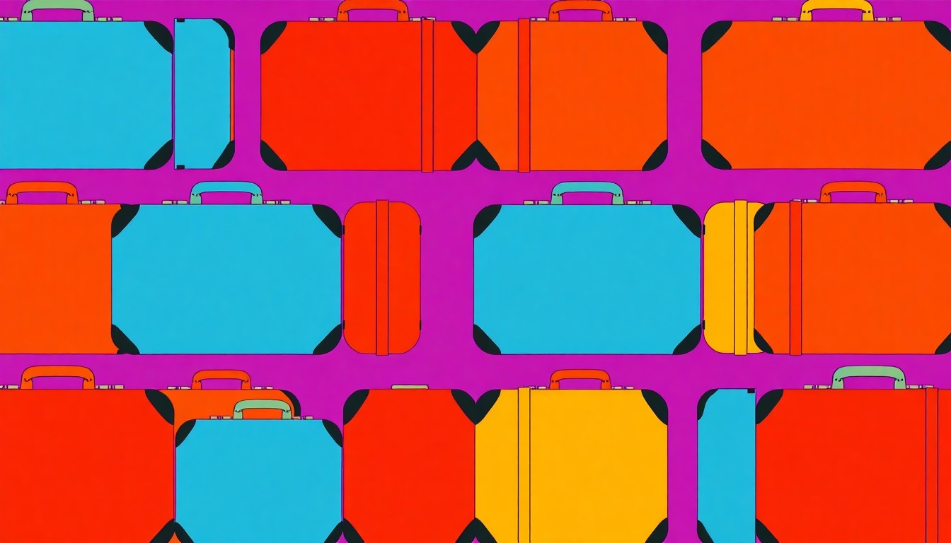 A brightly colored, high-contrast silkscreen print of a vintage suitcase icon repeated in a tight grid pattern, using a vibrant neon color palette overlapping with heavy black photographic outlines to turn everyday secondhand goods into modern pop art.