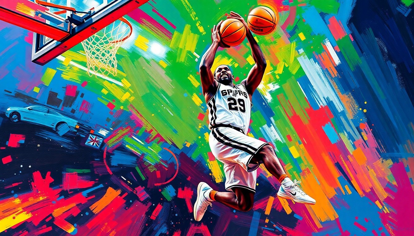 An abstract, energetic painting featuring bold, neon-colored brushstrokes that capture the explosive power and grace of a basketball player soaring through the air for a powerful slam dunk, conceptually representing Victor Wembanyama's dominant performance in his playoff debut for the San Antonio Spurs.