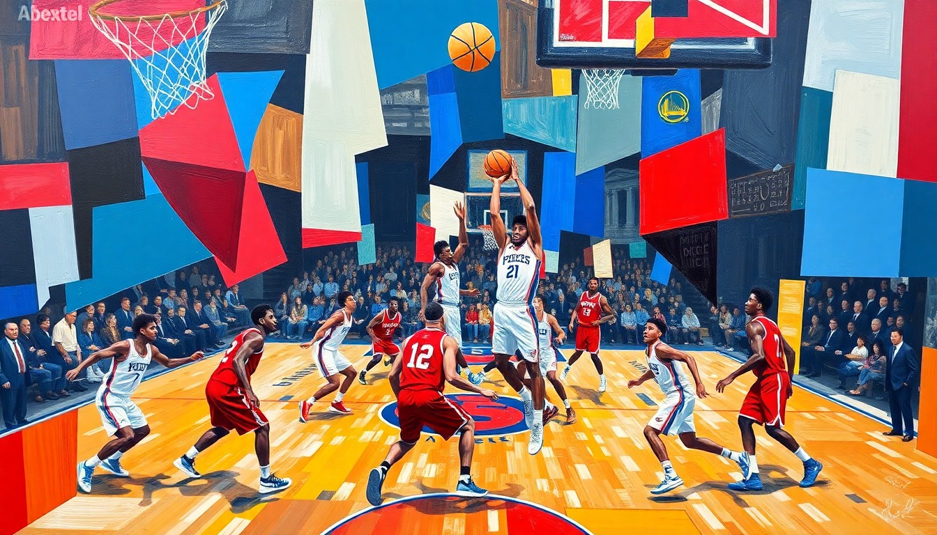 A fragmented, geometric painting depicting a basketball player in motion, with sharp planes of red, blue, and white colors representing the 76ers' uniform.