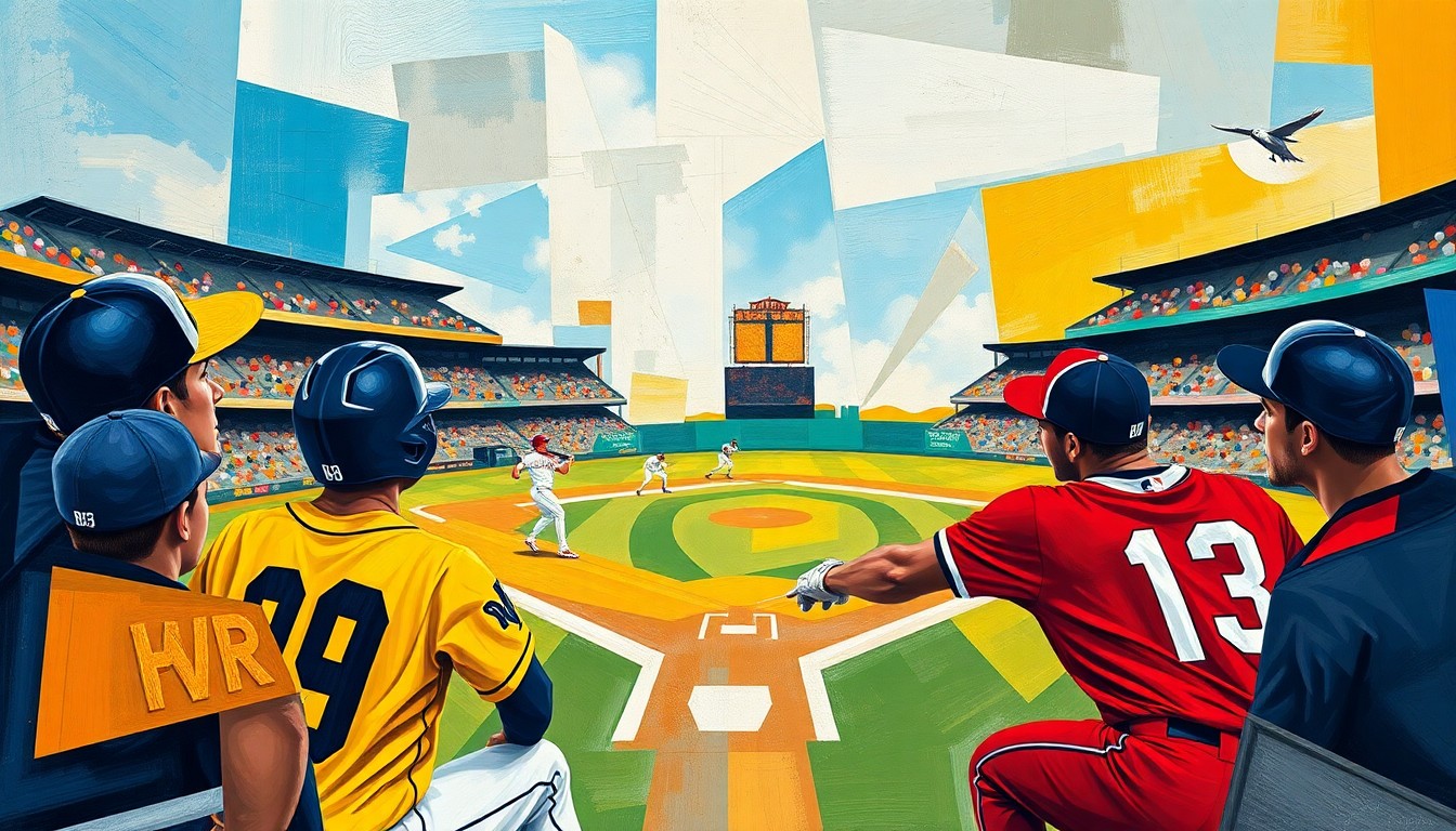 A fragmented, cubist-style painting depicting the chaotic action of a baseball game, with the uniforms and players of the Warbirds and Howlers clashing in a vibrant, geometric display of energy and movement.